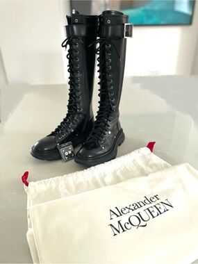 Alexander McQueen NEW Thread Slick Knee High Boots Black Leather Chunky Sole